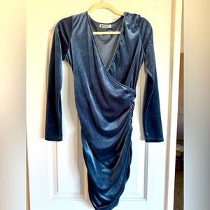 Rich Blue Metallic Velour Ruched V Neck Dress